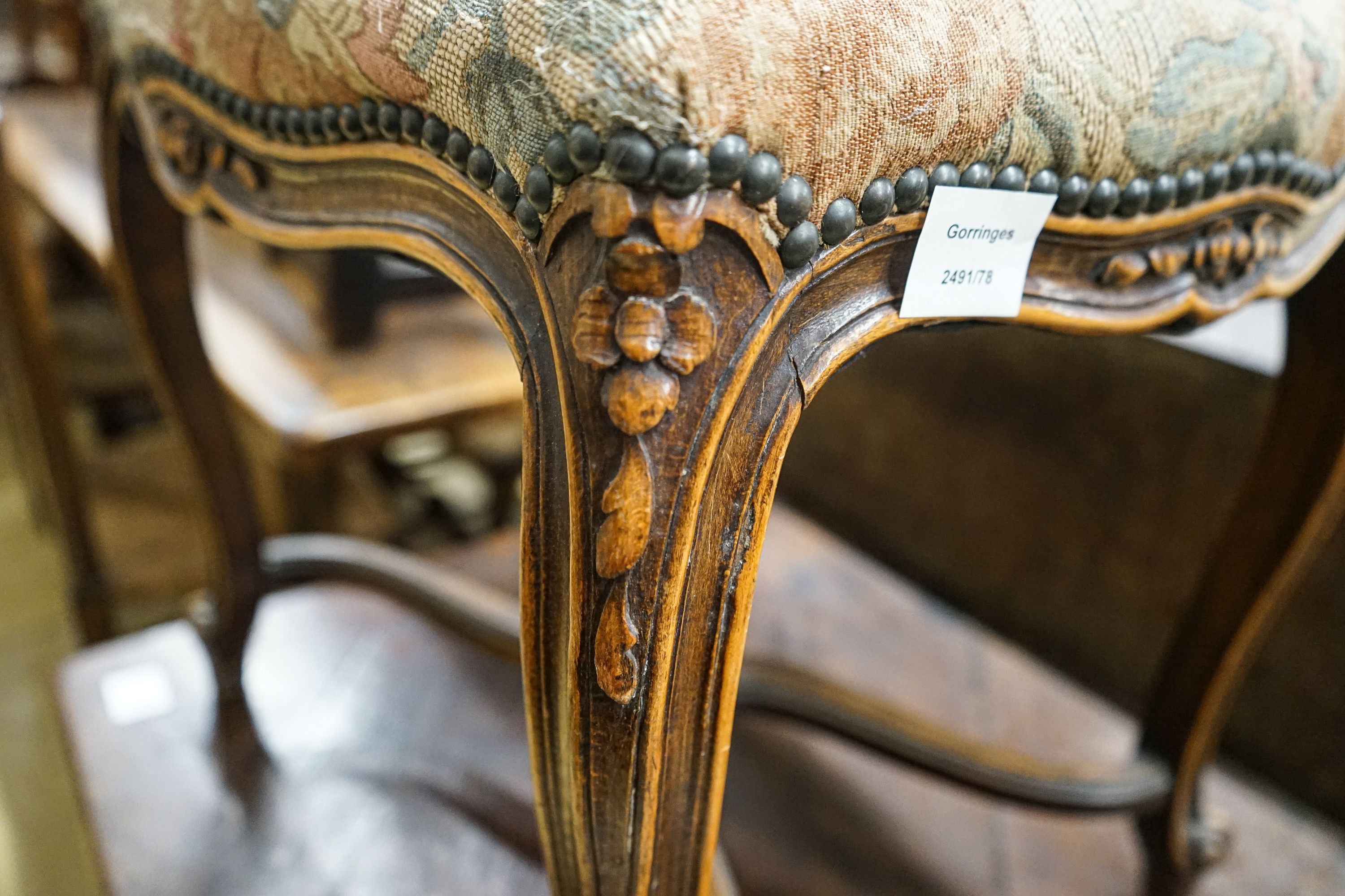 A French stained beech cabriole leg dressing stool with saltire stretcher, width 54cm, depth 41cm, height 51cm